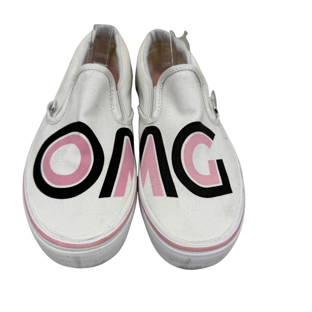 Vans Classic Slip-On OMG White Pink Black Canvas Sneakers Womens 7.5‎ Mens 6